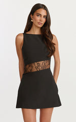 Blossom Mini Dress - Boat Neck Fitted A Line Lace Insert Dress in Black