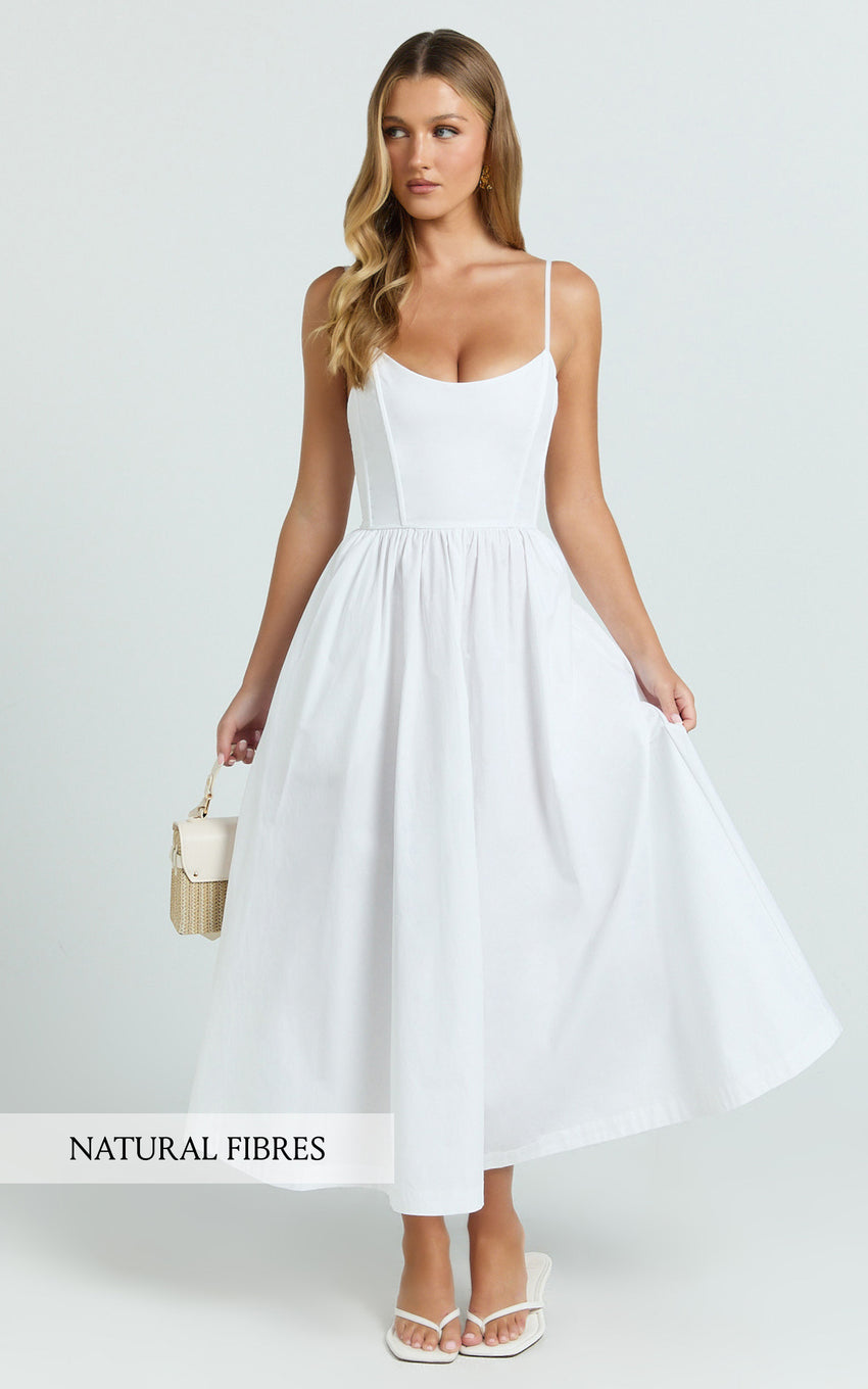 Braelyn Midi Dress - Scoop Neck Flare Dress in White