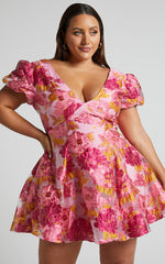 Brailey Jacquard Mini Dress - Puff Sleeve Dress in Pink