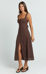 Cameron Midi Dress - Button Front Tie Back Dress in Chocolate