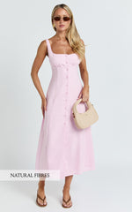 Cameron Midi Dress - Button Front Tie Back Dress in Pink