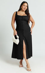 Cameron Midi Dress - Button Front Tie Back Dress in Black