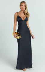 Cariela Maxi Dress - Plunge Neck Satin Dress in Navy