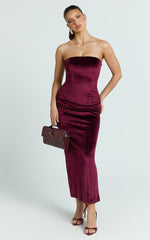 Cartia Midi Dress - Velvet Strapless Bodycon Dress in Wine