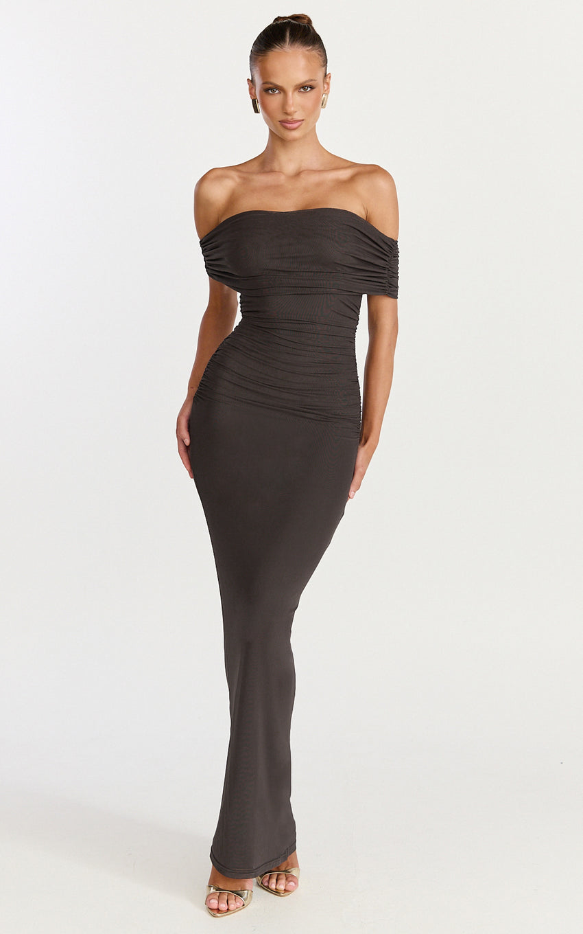 Caterina Maxi - Ruched Off Shoulder Mesh Dress in Chocolate