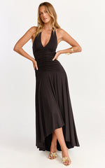 Celeste Maxi Dress - Gathered Bodice Dropped Waist Halter Dress in Chocolate
