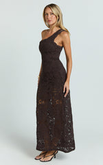 Charlene Maxi Dress - Crochet Knitted One Shoulder Maxi Dress in Chocolate