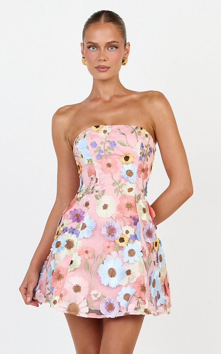 Cosima Mini Dress - Strapless 3D Floral Fit And Flare Dress in Multi