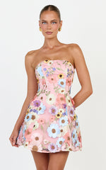 Cosima Mini Dress - Strapless 3D Floral Fit And Flare Dress in Multi