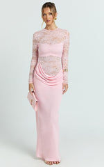Crisanta Maxi Dress - Long Sleeve Contrast Lace Bodycon Dress in Pink