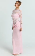 Crisanta Maxi Dress - Long Sleeve Contrast Lace Bodycon Dress in Pink