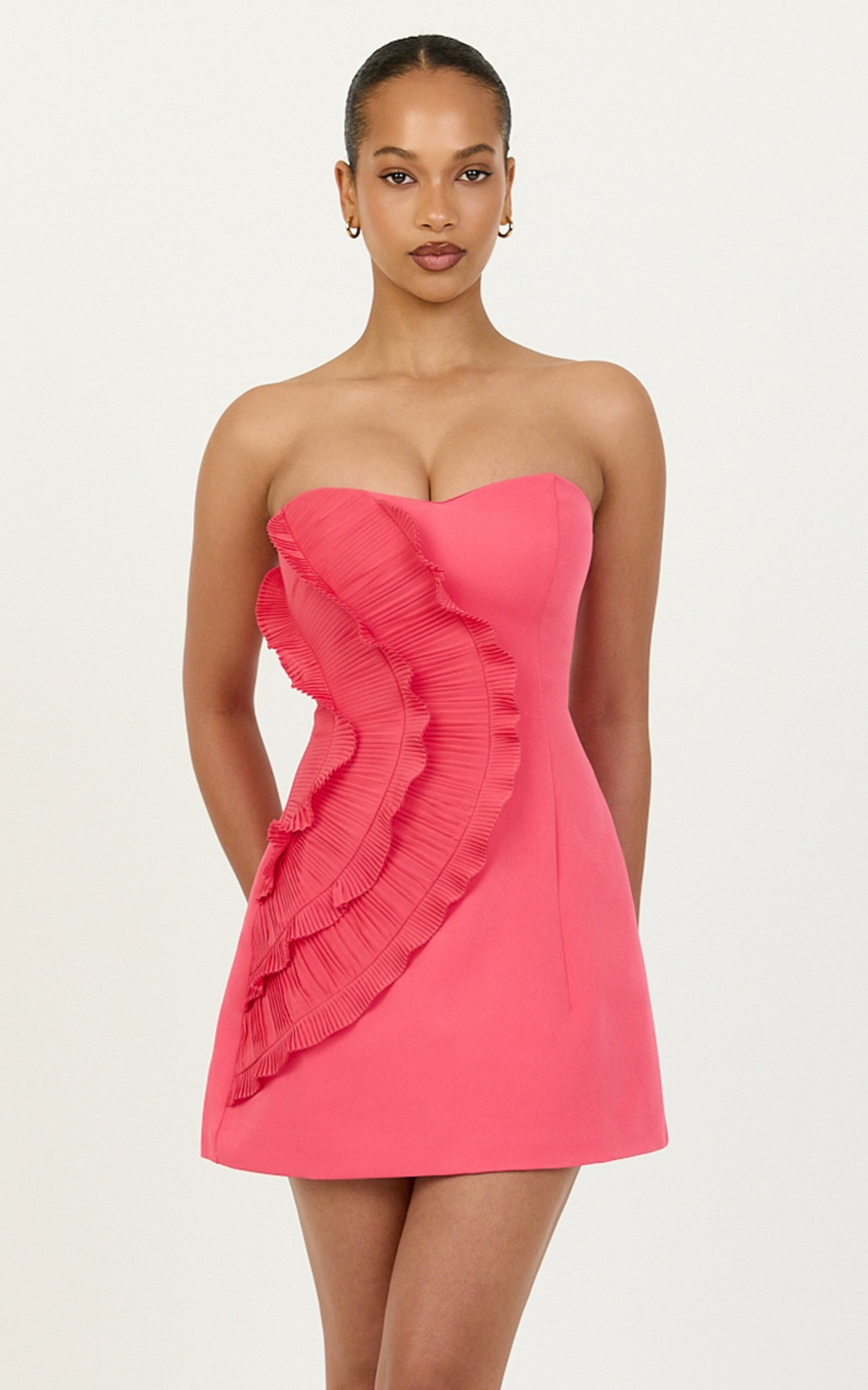 Dahlia Mini Dress - Strapless Side Frill Pleated A Line Dress in Pink
