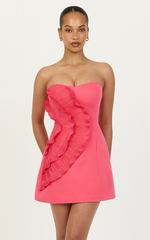 Dahlia Mini Dress - Strapless Side Frill Pleated A Line Dress in Pink