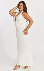Denise Maxi Dress - Halter U Ruched Neck Cut Out Jersey Dress in White