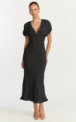 Desiree Midi Dress - V Neck Flutter Short Sleeve Slip Dress in Black