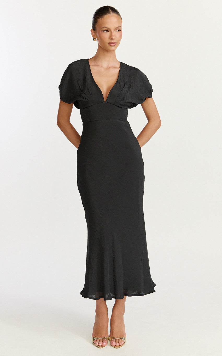 Desiree Midi Dress - V Neck Flutter Short Sleeve Slip Dress in Black