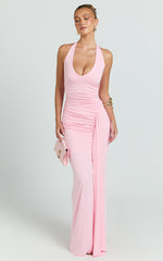 Dixie Maxi Dress - Plunge Halter Low Back Dress in Pink