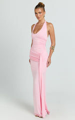 Dixie Maxi Dress - Plunge Halter Low Back Dress in Pink