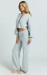 Ebony Two Piece Top and Pants Set - Knitted Crop Cardigan and Pants Set in Light Grey