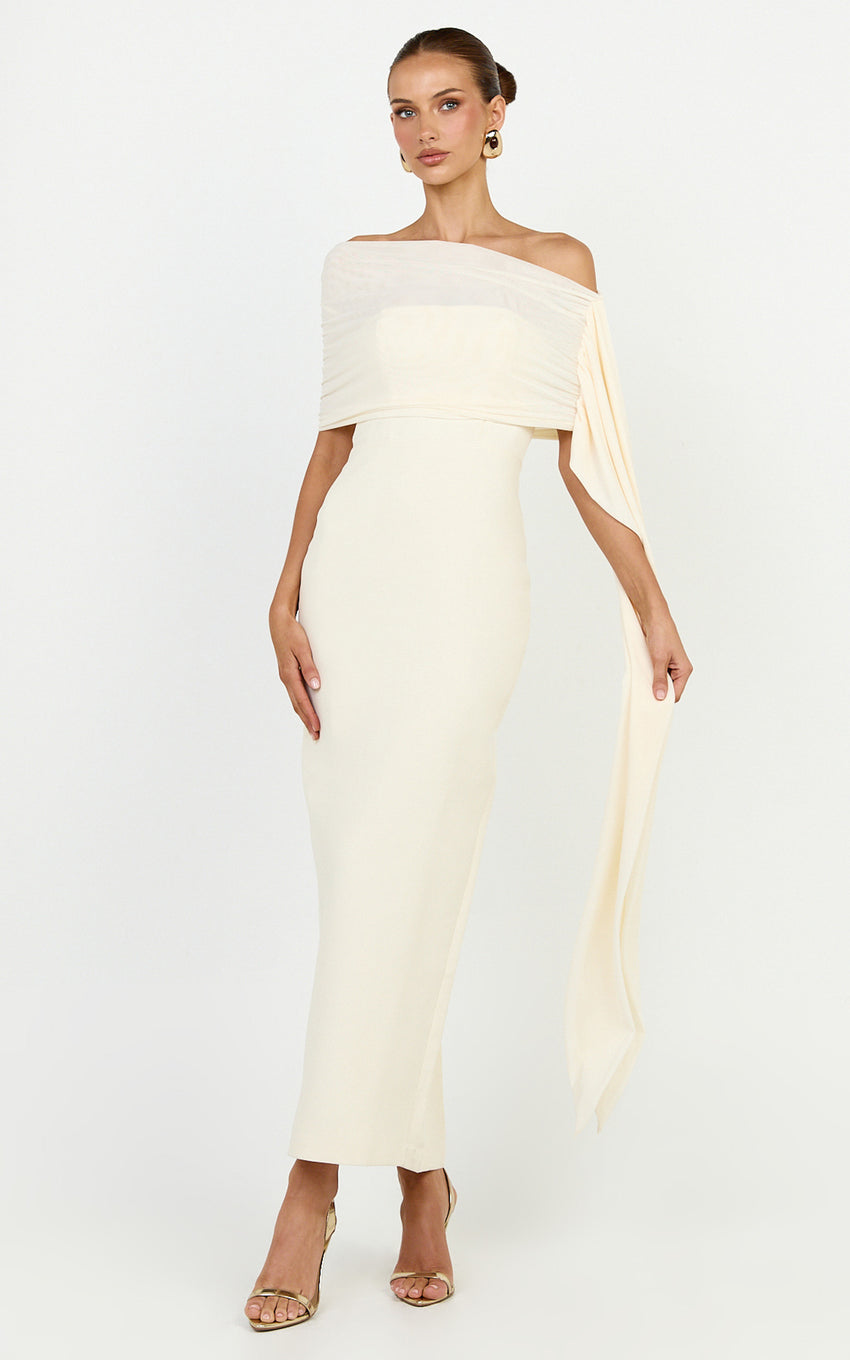 Elina Maxi Dress - Off Shoulder Contrast Mesh Draped Overlay Dress in Cream