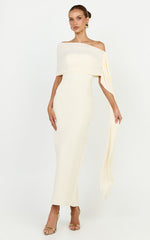 Elina Maxi Dress - Off Shoulder Contrast Mesh Draped Overlay Dress in Cream