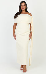 Elina Maxi Dress - Off Shoulder Contrast Mesh Draped Overlay Dress in Cream