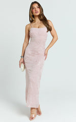 Elysia Midi Dress - Sequin Straight Neck Tie Back Dress in Pale Pink