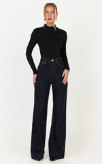 Emman Jeans - High Waisted Cotton Wide Leg Denim Jeans in Raw Denim with Tobacco Stitch