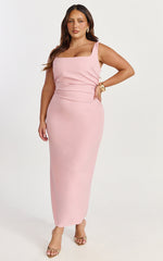 Eugenia Midi Dress - Square Neck Fitted Dress in Pink