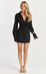 Eugenia Mini Dress - Long Sleeve Smocked Shirt Mini Dress in Black