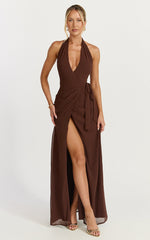 Eva Maxi Dress - Plunge Halter Wrap Dress in Chocolate