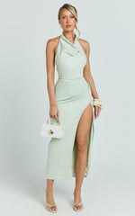 Finn Midi Dress - Folded Cowl Halter With Front Leg Split in Sage