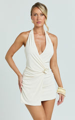 Fiora Mini Dress - Halter Neck Front Wrap Floral Trim A Line Dress in Ivory