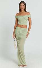 Francine Two Piece Top and Skirt Set - Twist Front Top and Mid Waist Gathered Maxi Skirt in Sage