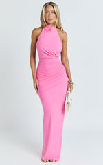 Francis Maxi Dress - Halter Ruched Backless Dress in Pink