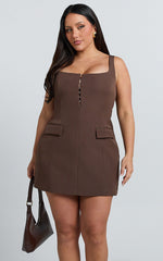 Marcia Mini Dress - Scoop Neck Hook And Eye Front Bodice Fitted Dress in Brown