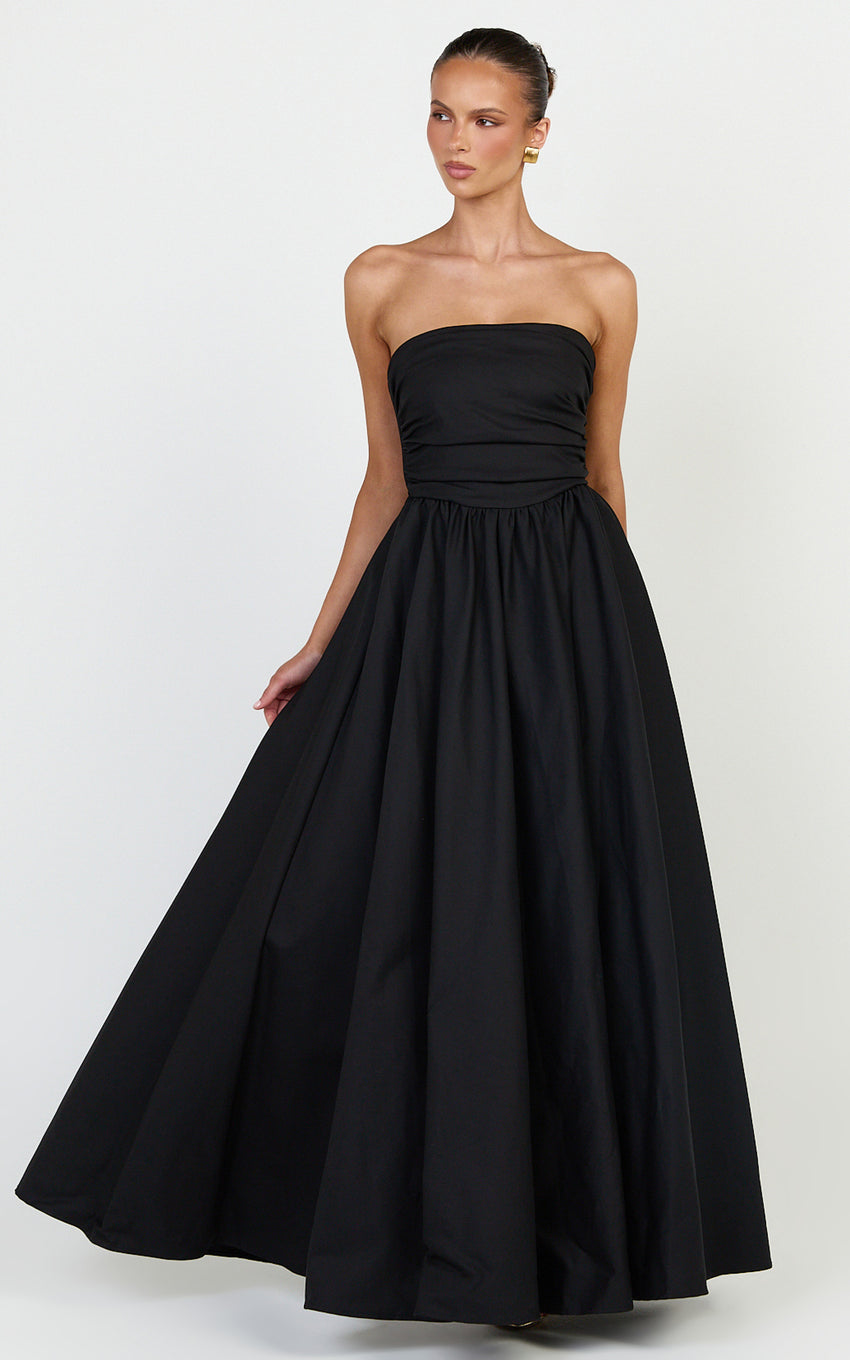 Gia Maxi Dress - Gathered Bodice Fit And Flare Dress in Black