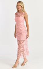 Hazel Midi Dress - 3D Flower Net Bodycon Dress in Pink