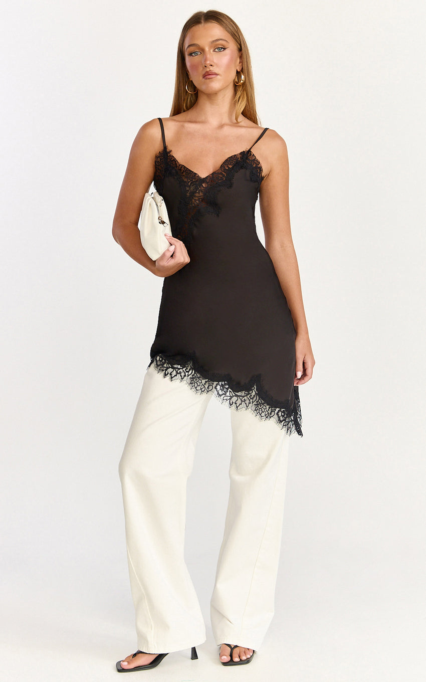 Iris Mini Dress - Lace Trim Asymmetrical Camisole Dress in Black