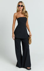Isadora Two Piece Top and Pants Set - Strapless Longline Top and Wide Leg Pants Set in Black