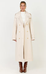 Isla Coat - Funnel Neck Double Breasted Longline Trench Coat in Stone