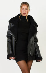 Isolde Jacket - Faux Leather Shearling Biker Jacket in Black Base with Black Borg