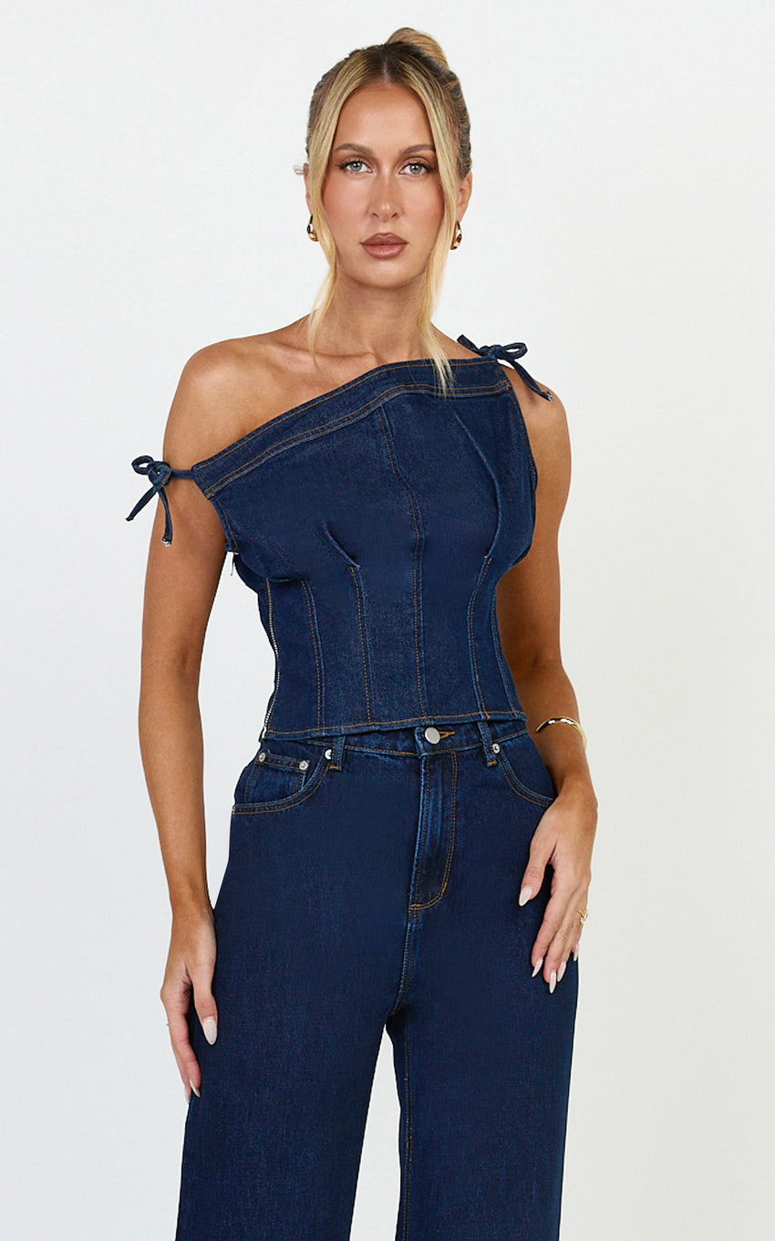 Ivy Top - Asymmetrical Neckline Tie Detail Stretch Denim Top in Dark Blue Wash