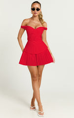 Izara Mini Dress - Off Shoulder Pleated Dress in Red