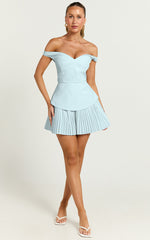 Izara Mini Dress - Off Shoulder Pleated Dress in Blue