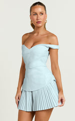 Izara Mini Dress - Off Shoulder Pleated Dress in Blue