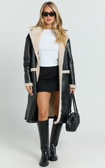 Jan Coat - Longline Faux Shearling Aviator Coat in Black