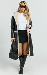 Jan Coat - Longline Faux Shearling Aviator Coat in Black