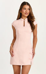 Jana Mini Dress - Mandarin Collar Leg Split Bodycon Dress in Pink