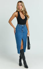 Janeve Midi Skirt - Front Split Denim Skirt in Dark Blue